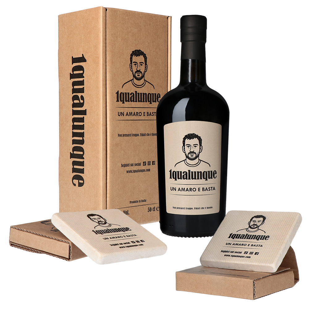 Bottiglia, astuccio e sottobicchieri 1 qualunque amaro 50cl